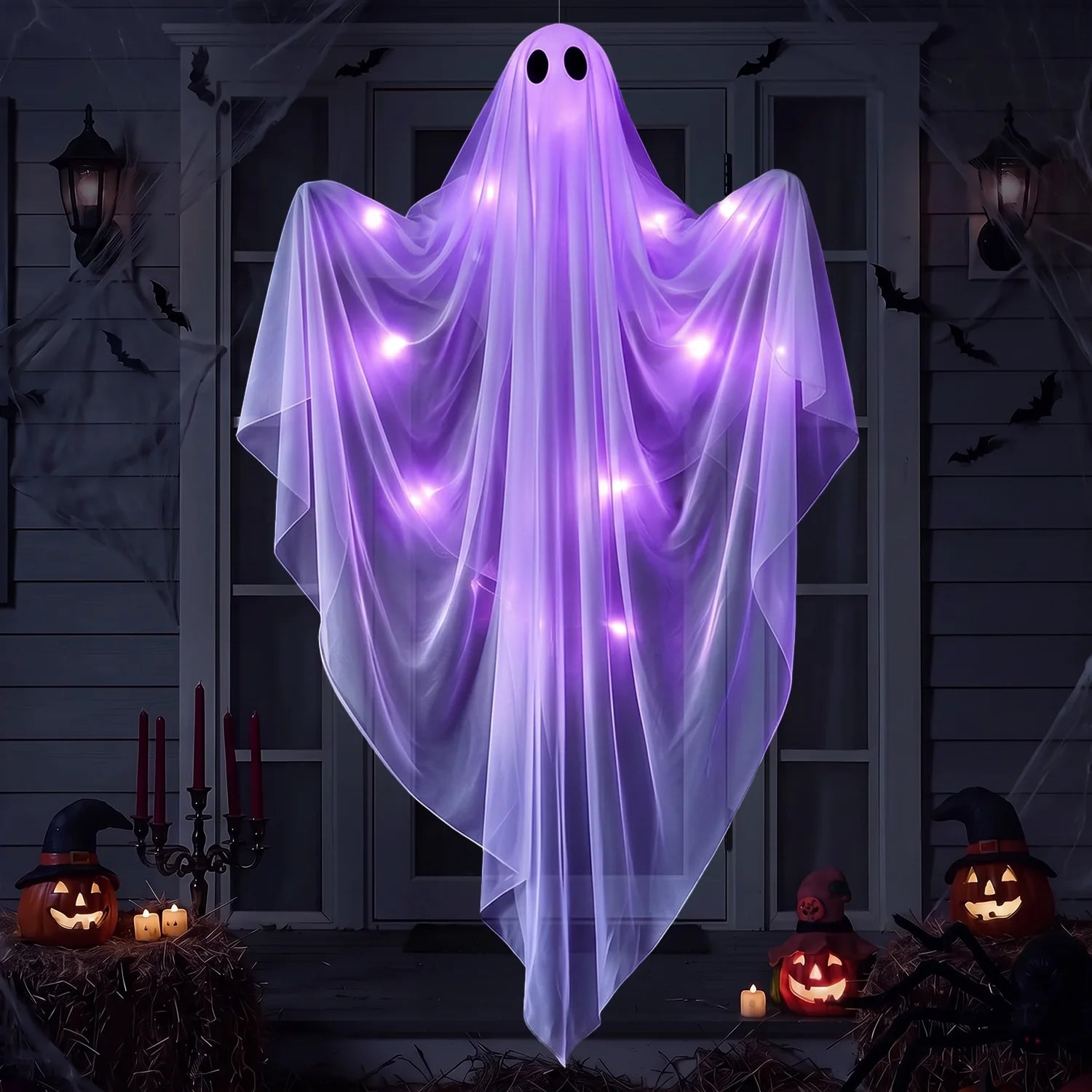 Ayieyill Halloween Ghost Decor with Blue LED Light, 47” Light up Hanging Ghost Halloween Yard Porch Decorations Outdoor