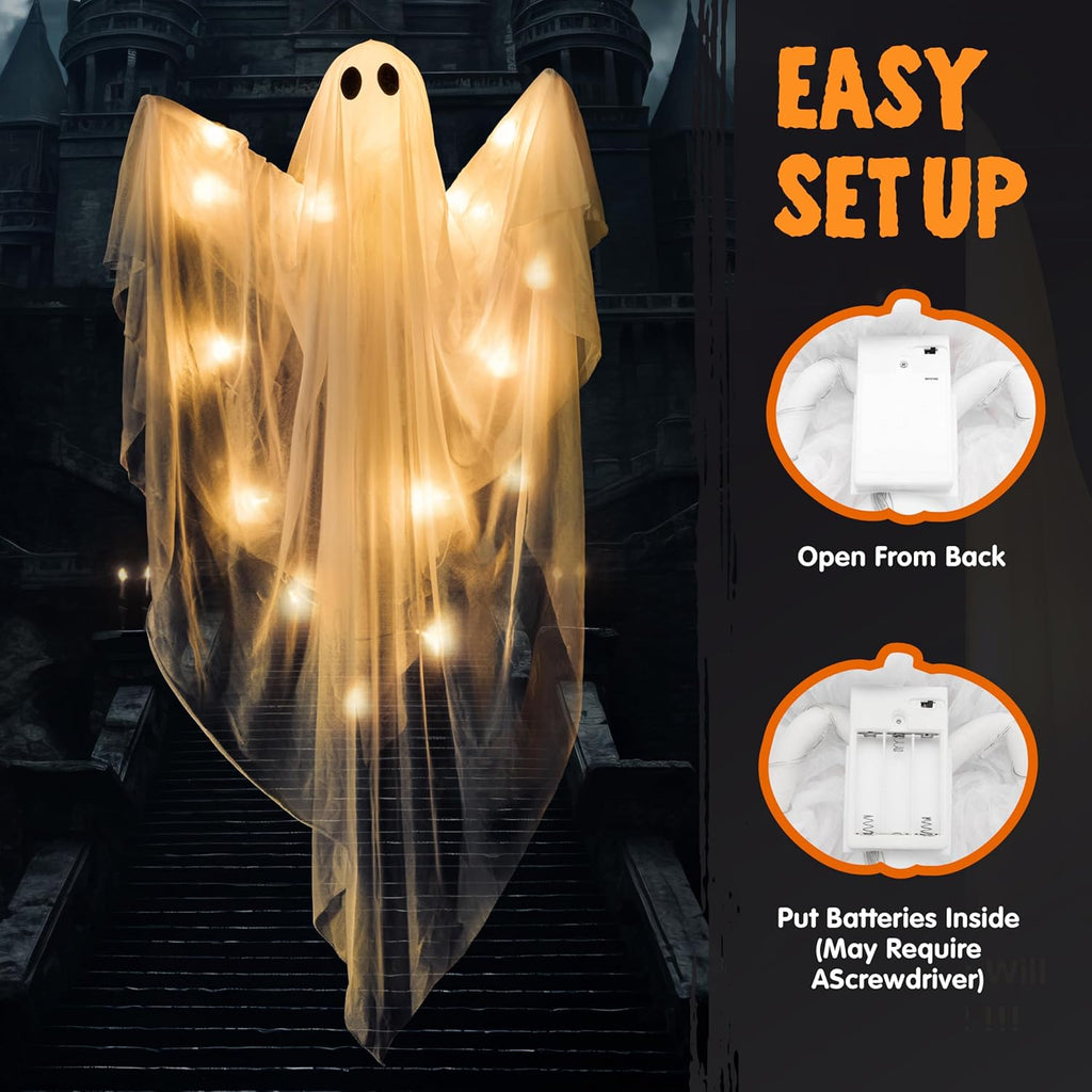2 Pcs 47” Halloween Light up Hanging Ghost Decorations Outdoor, Halloween Flying Hanging Ghosts with Warm LED Lights and Timer for Haunted House Prop Front Yard Patio Party Decor Indoor Outdoor