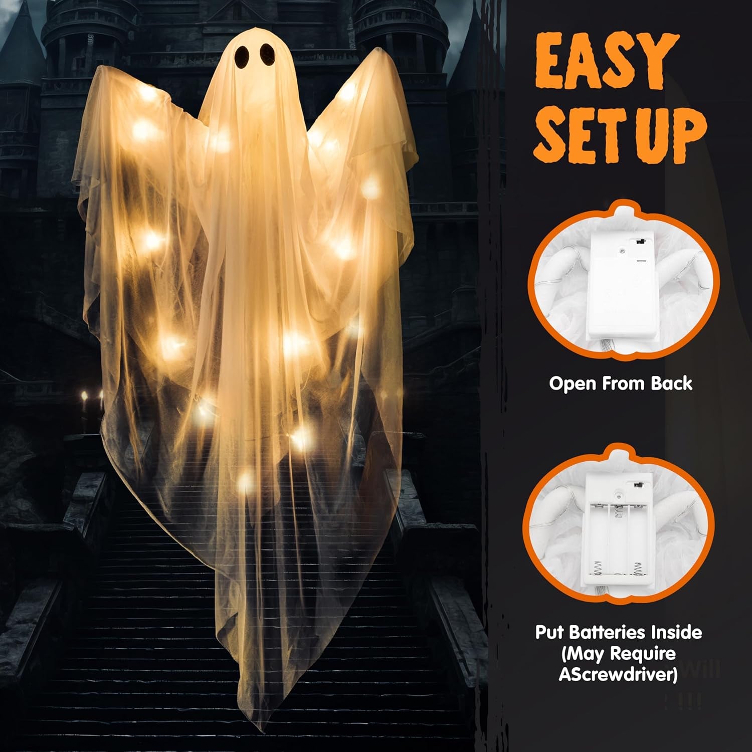 2 Pcs 47” Halloween Light up Hanging Ghost Decorations Outdoor, Halloween Flying Hanging Ghosts with Warm LED Lights and Timer for Haunted House Prop Front Yard Patio Party Decor Indoor Outdoor
