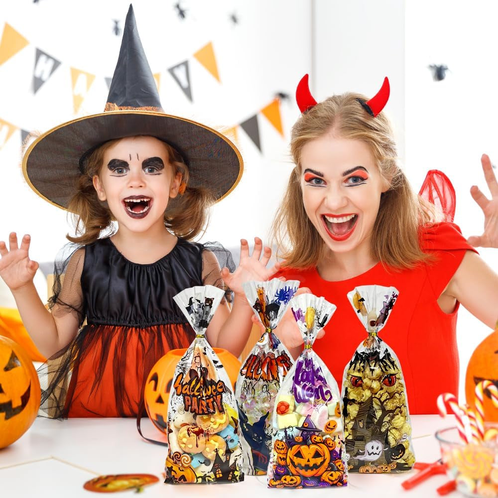 Halloween Cellophane Treat Bags, 60PCS Plastic Clear Halloween Candy Cookies Goodie Gift Bags with Ties for Halloweens Trick or Treat Party Favors Supplies, 4 Style