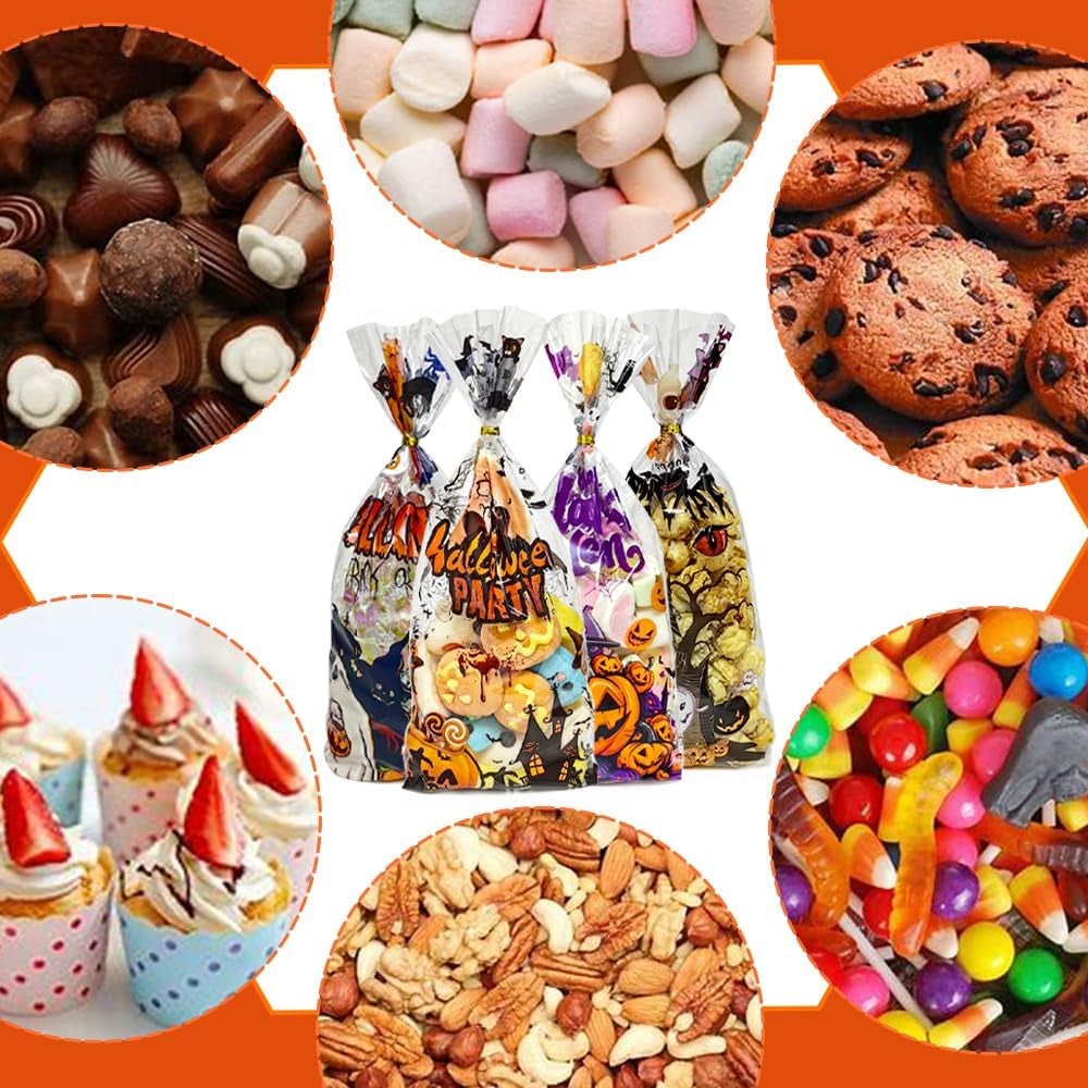 Halloween Cellophane Treat Bags, 60PCS Plastic Clear Halloween Candy Cookies Goodie Gift Bags with Ties for Halloweens Trick or Treat Party Favors Supplies, 4 Style