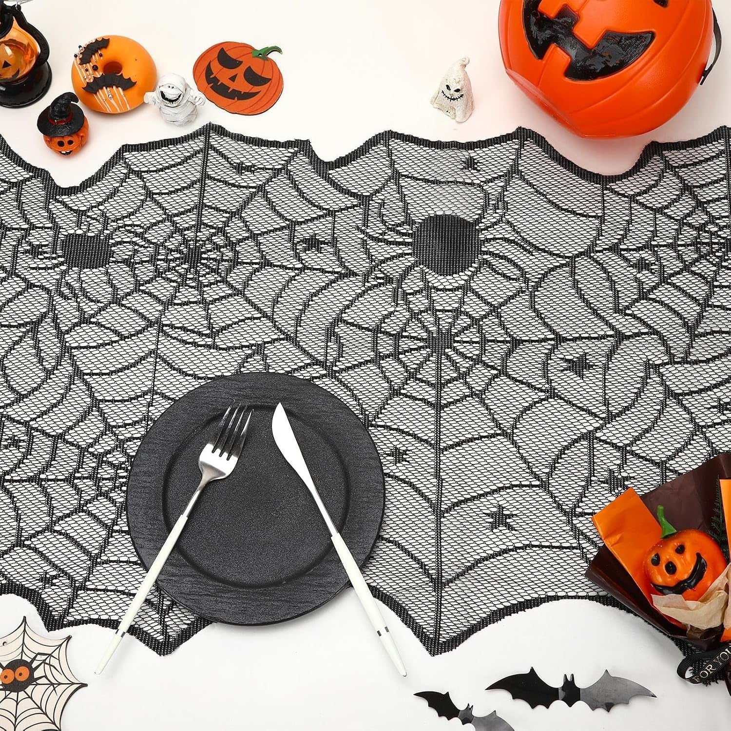 Halloween Decorations Table Runner with Black Lace Spider Web 18 X 72 Inch