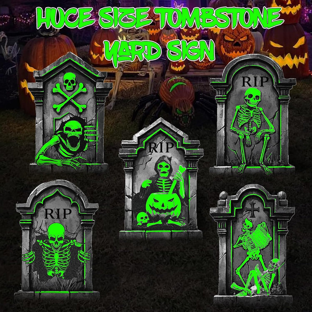 25.2In Halloween Tombstones Outdoor Decor Glow in the Dark - 5PCS Tombstones for Graves Halloween Gravestones Decorations, Spooky Halloweens Decorations Yard Signs for Graveyard Haunted House