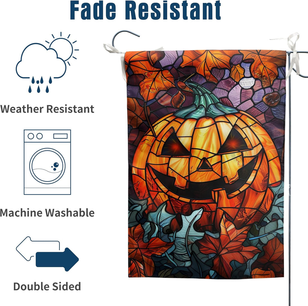 Scary Pumpkin Garden Flag Spooky Halloween Yard Flags for outside 12X18 Double Sided Small Fall Outdoor Flag Stained Glass Autumn Flags for Porch Lawn Farmhouse Thanksgiving Decor