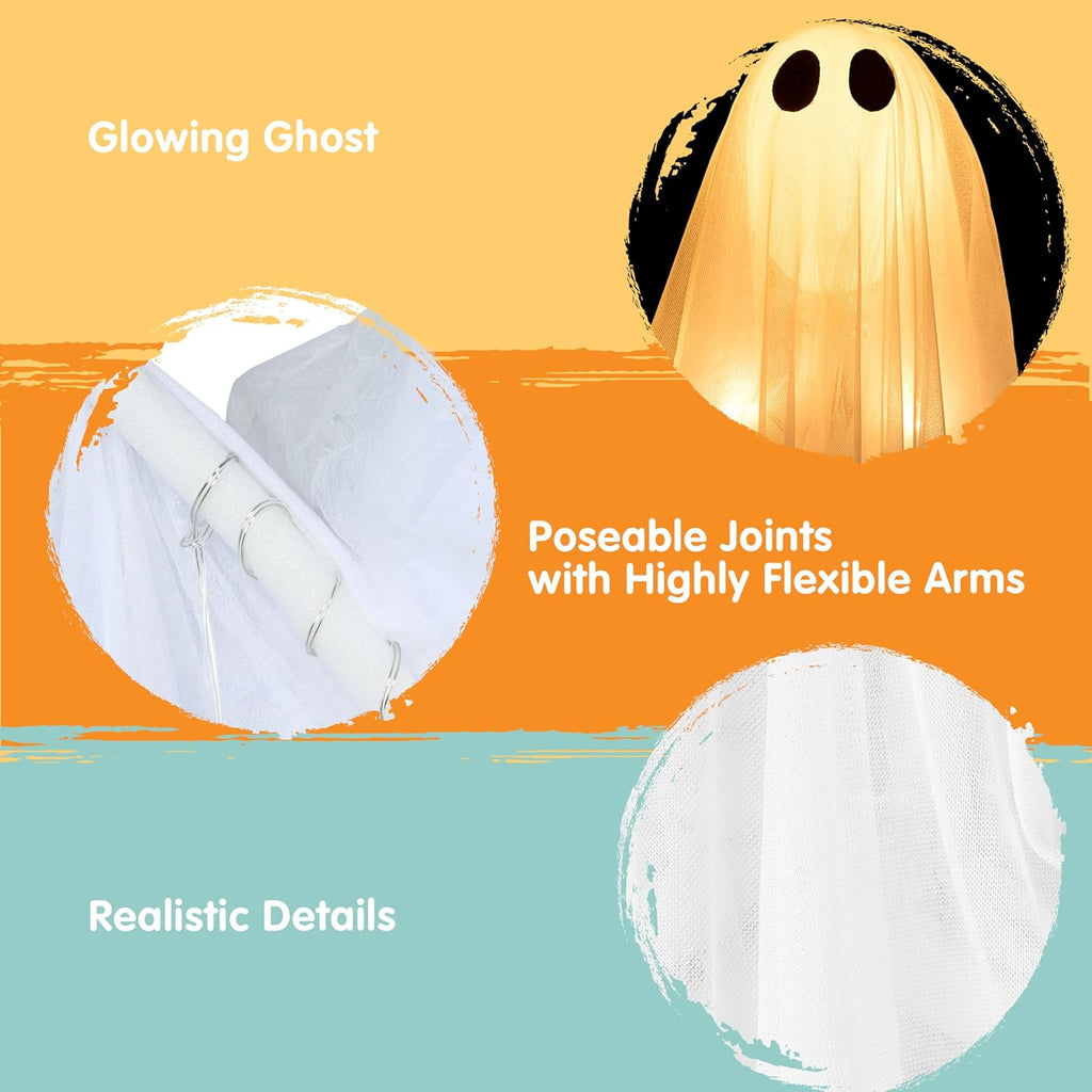 2 Pcs 47” Halloween Light up Hanging Ghost Decorations Outdoor, Halloween Flying Hanging Ghosts with Warm LED Lights and Timer for Haunted House Prop Front Yard Patio Party Decor Indoor Outdoor