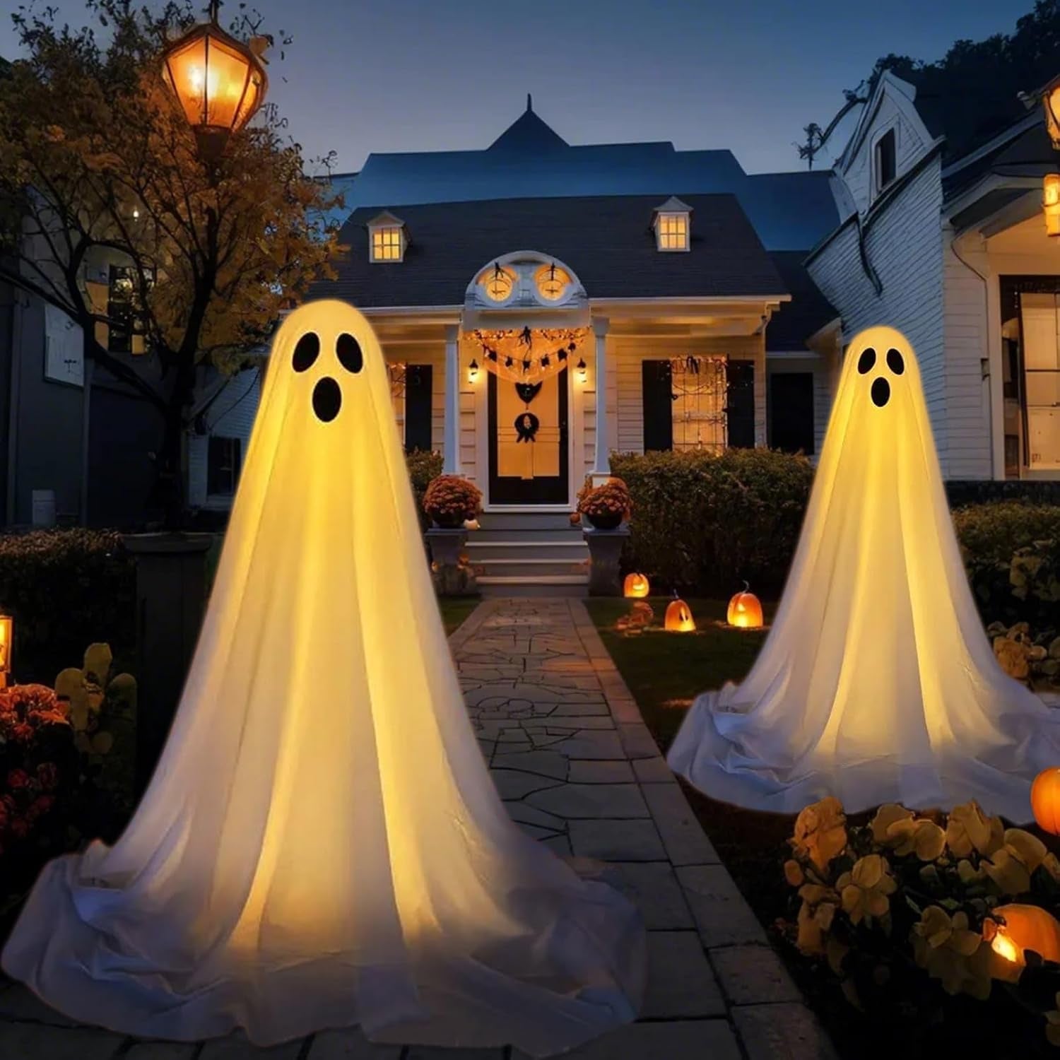 2 Packs Halloween Decorations Outdoor,Halloween Light up Spooky Ghost Decor, Ghost Decor with Adjustable Height for Porches Yards Gardens Lawn, Easy to Assemble Ghost Decorations