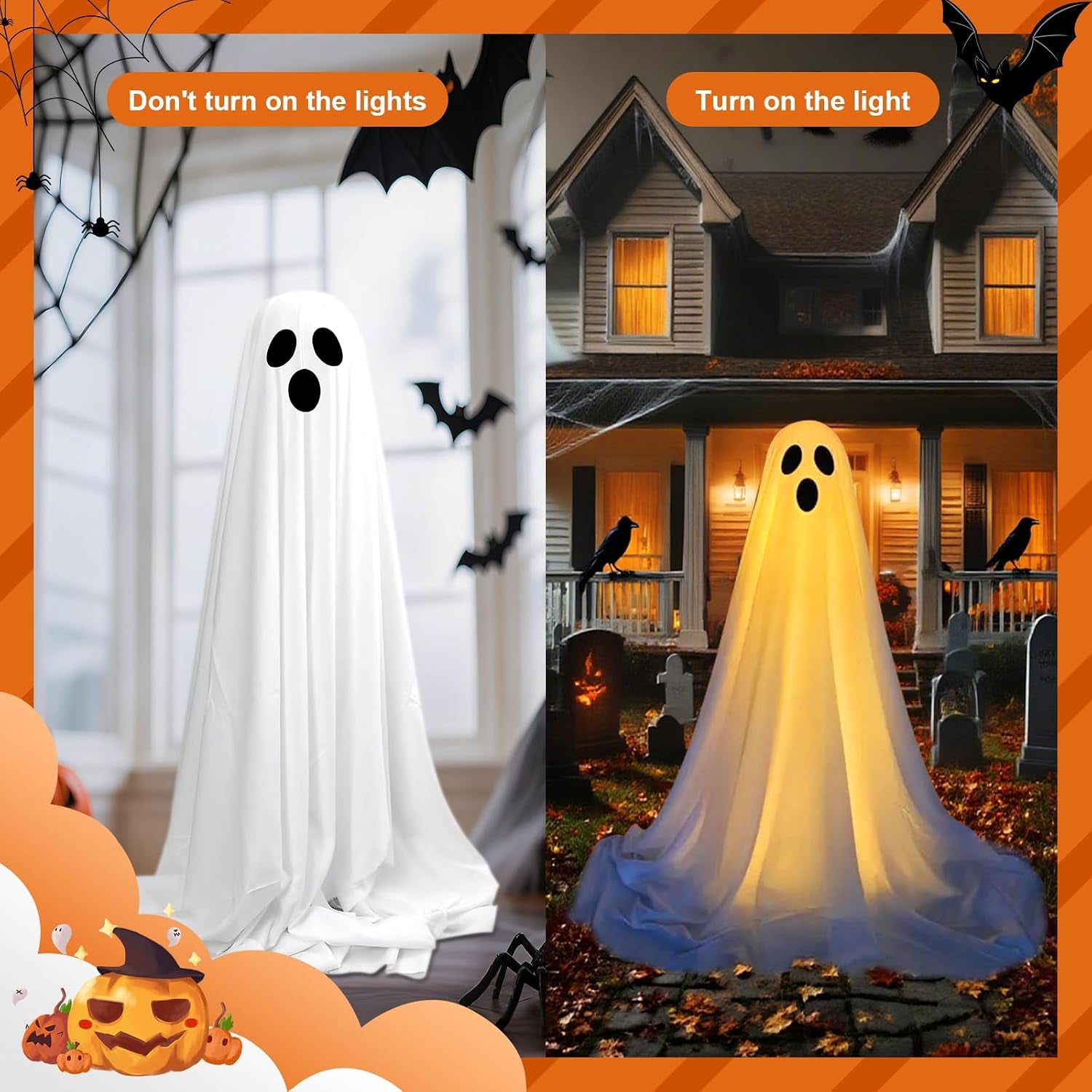 2 Packs Halloween Decorations Outdoor,Halloween Light up Spooky Ghost Decor, Ghost Decor with Adjustable Height for Porches Yards Gardens Lawn, Easy to Assemble Ghost Decorations