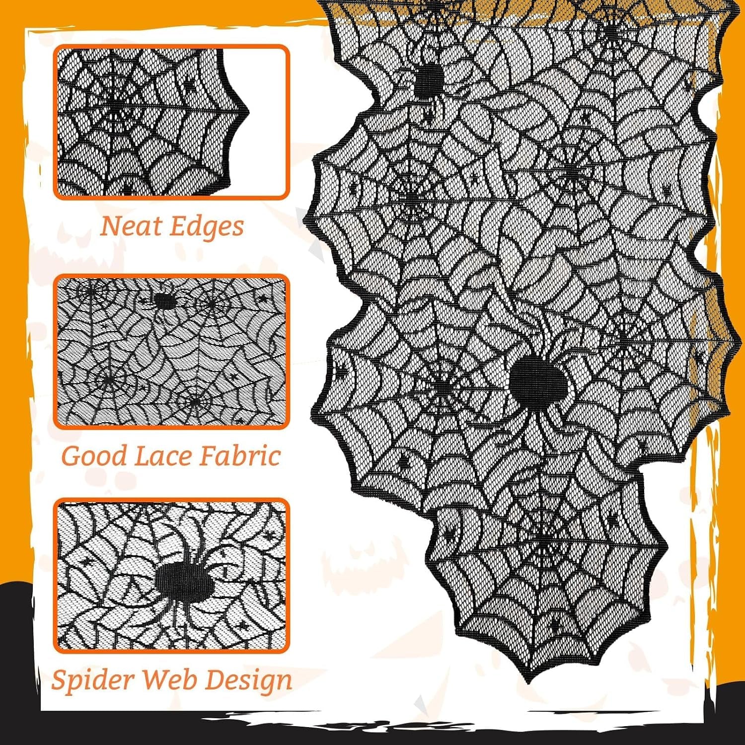 Halloween Decorations Table Runner with Black Lace Spider Web 18 X 72 Inch