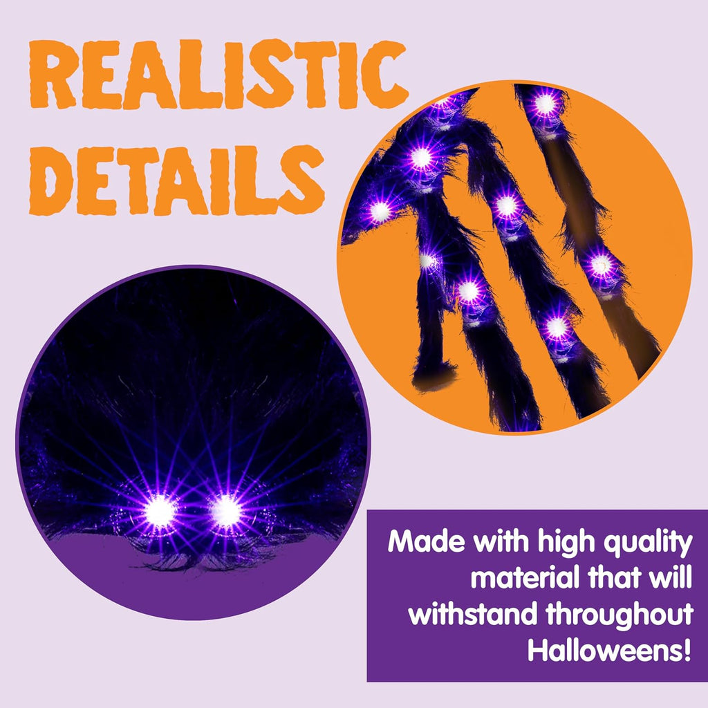 2 Pack 5 Ft Halloween Light up Spiders Outdoor Decorations, Scary Giant Spider with Purple LED, Fake Large Haunted House Props, for Halloween Lawn Porch Yard Garden Tree outside Indoor Decor