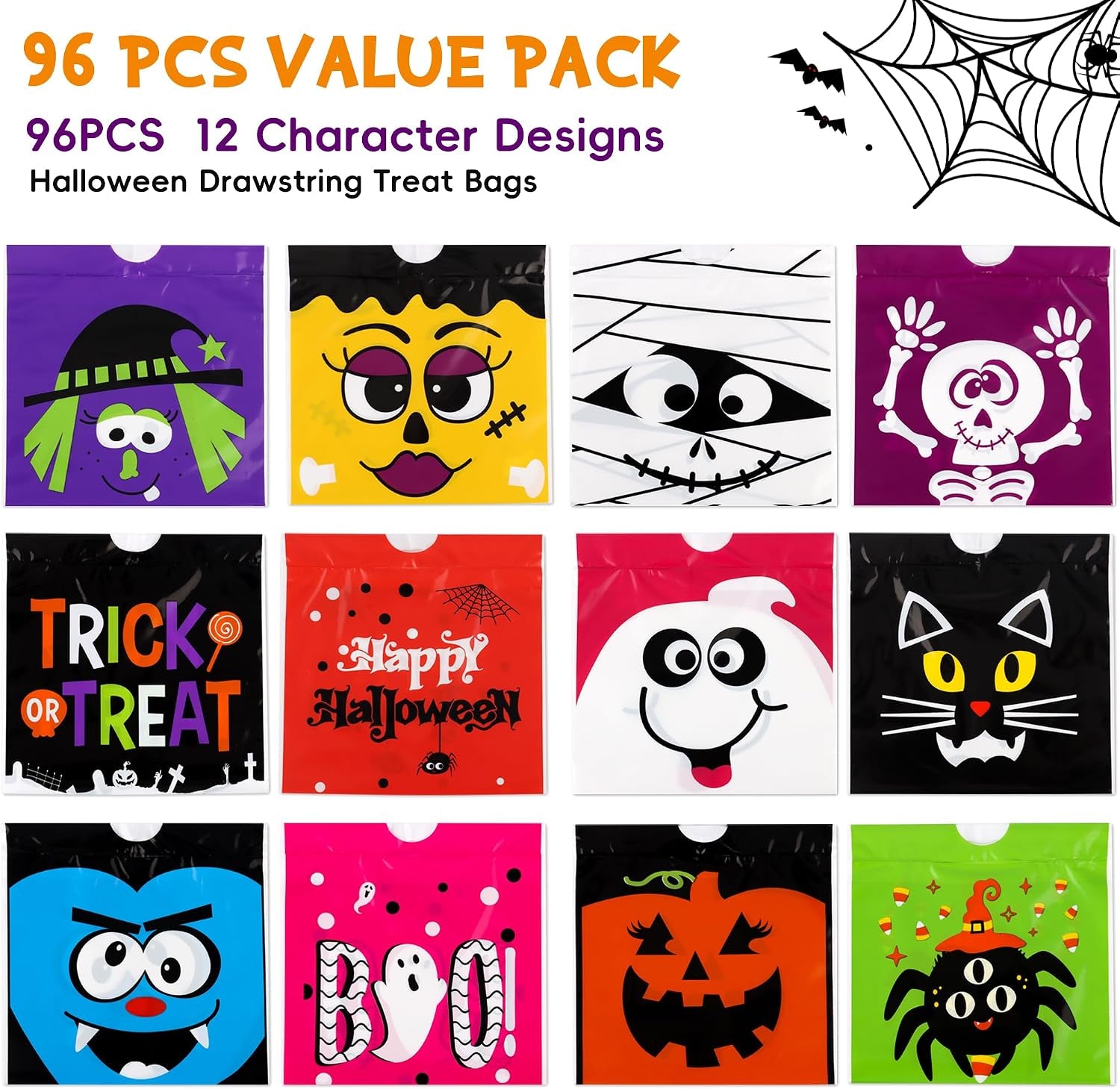 Halloween Drawstring Goodie Bags Bulk, 96 Pcs Mini 6X6 Inch