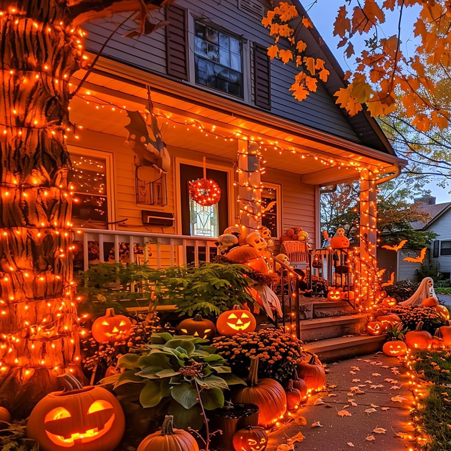 Solar String Lights for Halloween,  Orange Solar String Lights Outdoor 2 Pack Total 400LED 144FT Waterproof, 8 Modes Christmas Light for outside Xmas Tree Patio Yard Garden Festival Decorations