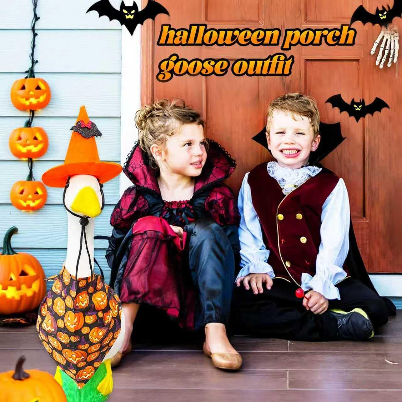 Halloween Porch Goose Outfits for 23"/17" Cement or Plastic Goose Statue,Halloweens Witch Hat and Colorful Scarf，For Halloweens Yard Lawn Outdoor Garden Patio Statue Decoration（Orange）