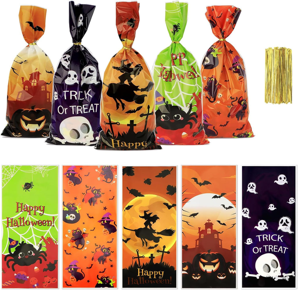 Halloween Treat Bags, Halloween Cellophane Treat Bags, 50 PCS Halloweens Candy Bag, Plastic Cello Cookie Goodies Gift Bag with 50Pcs Ties for Halloweens Trick or Treat Party Favors Supplies, 4 Style