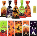 Halloween Treat Bags, Halloween Cellophane Treat Bags, 50 PCS Halloweens Candy Bag, Plastic Cello Cookie Goodies Gift Bag with 50Pcs Ties for Halloweens Trick or Treat Party Favors Supplies, 4 Style