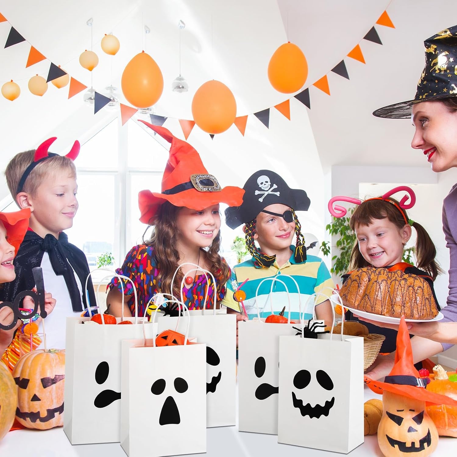 24 Pieces Ghost Halloween Treat Bags Halloween Paper Gift Goodie Bags with Handles for Candy Party Favor Supplies(White,Classic Style)