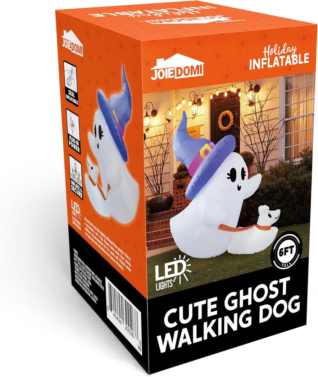 Joyfy 6 Ft Halloween Inflatable Ghost Walking Dog,Cute White Blow up Decor with LED Lights,Outdoor Yard Decoration for Garden,Lawn,Party