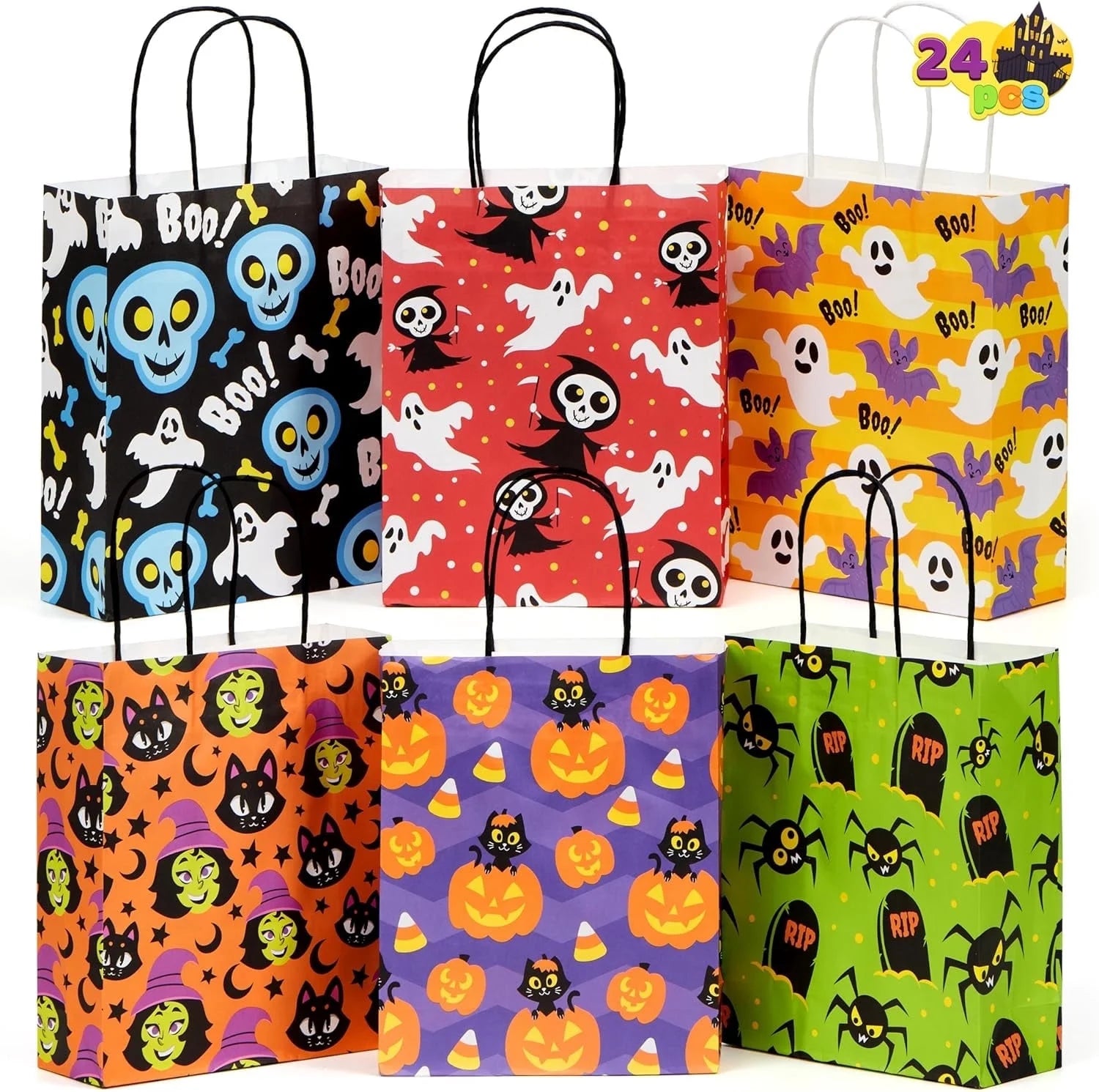 Joyfy 24 Pcs Halloween Goodie Bags with Handles, Paper Trick or Treating Gift Bag Bulk in 6 Designs for Halloween Treat Party Favor , Halloween Colored Candy Bags for Party Supplies