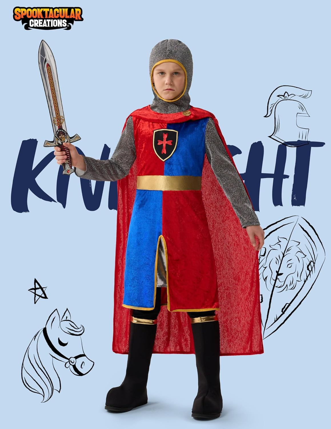 Kids Halloween Costume, Medieval Knight Outfit for Boys, Renaissance Knight Costumes for Halloween Role Play Parties, Red and Blue (Medium(8-10 Yrs))