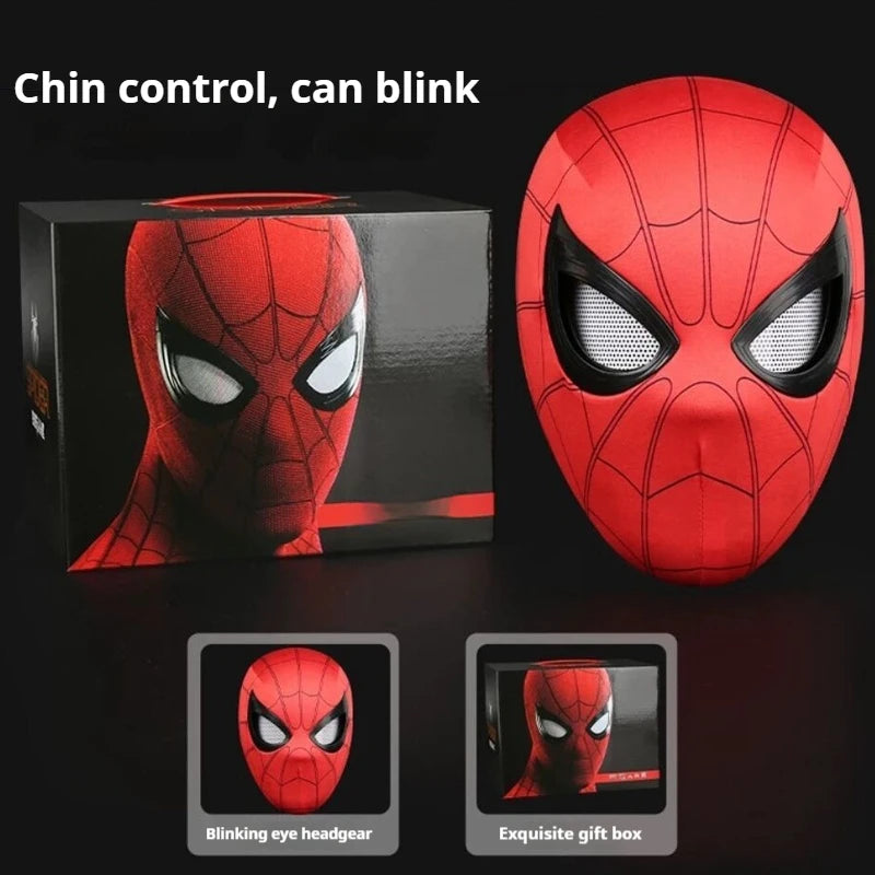 Cosplay mask detail view in red and black with chin control