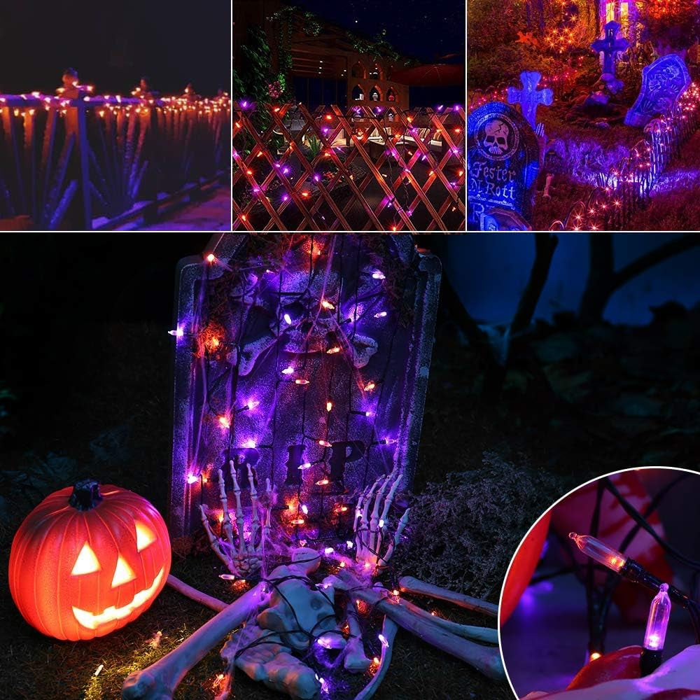 Orange Purple Halloween Lights Indoor, 2 Pack Total 66Ft 200 LED Battery Halloween Light with 8 Mode, Timer, Waterproof Battery Operated String Lights for Home Tree Wreaths Party Holiday Decor