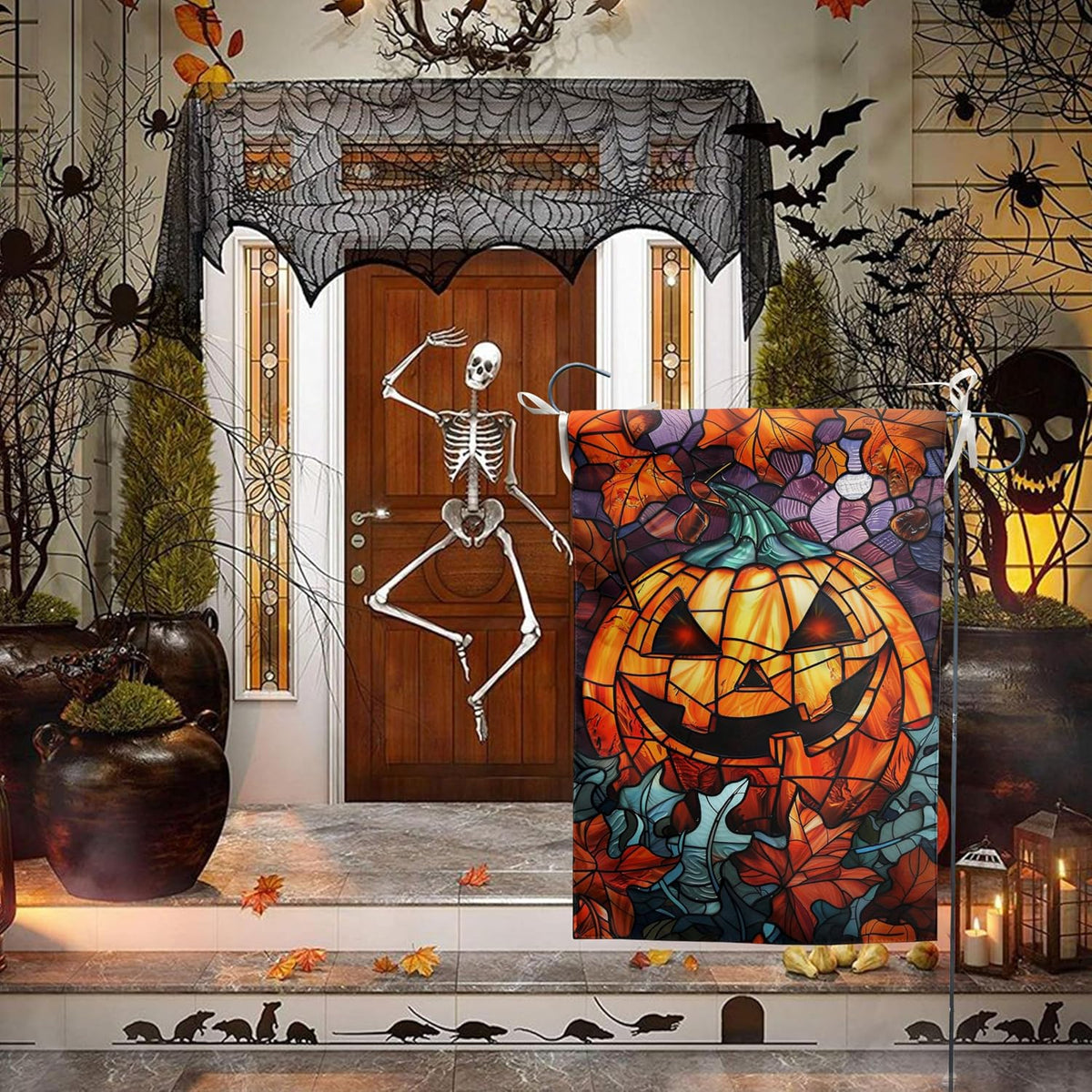 Scary Pumpkin Garden Flag Spooky Halloween Yard Flags for outside 12X18 Double Sided Small Fall Outdoor Flag Stained Glass Autumn Flags for Porch Lawn Farmhouse Thanksgiving Decor