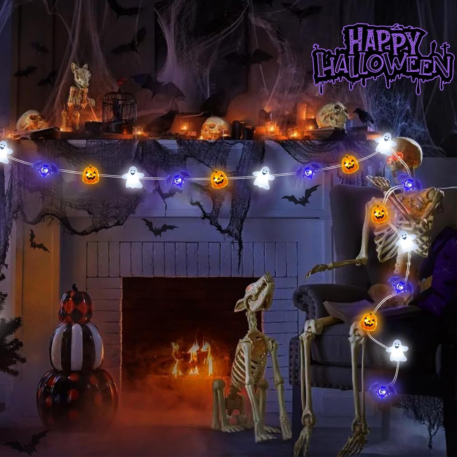 Halloween Lights Battery Operated 16.7Ft 50 LED 3D Pumpkin Bat Ghost Fairy Lights with Timer, Outdoor Waterproof Halloween Spooky Light for Indoor Outdoor Home Fireplace Party Decoration