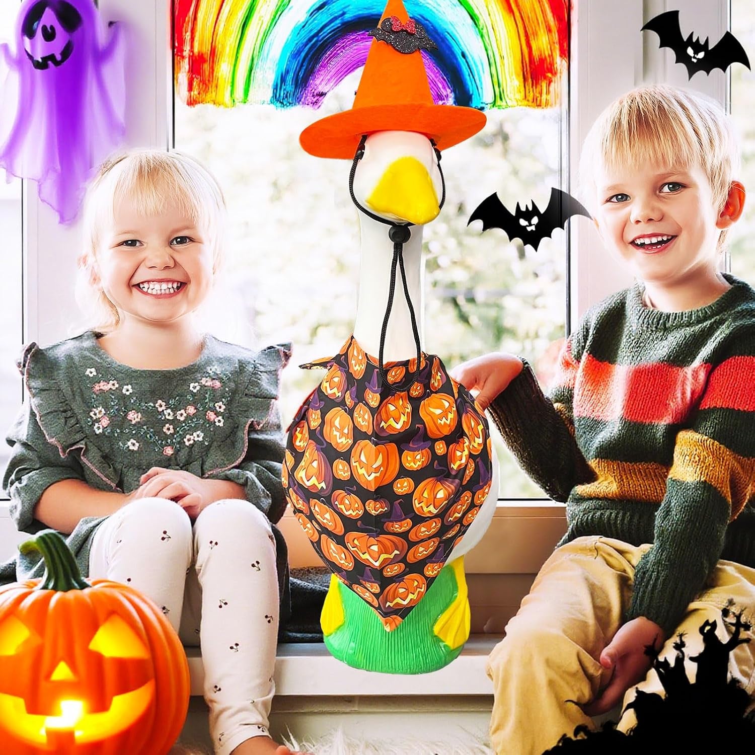 Halloween Porch Goose Outfits for 23"/17" Cement or Plastic Goose Statue,Halloweens Witch Hat and Colorful Scarf，For Halloweens Yard Lawn Outdoor Garden Patio Statue Decoration（Orange）