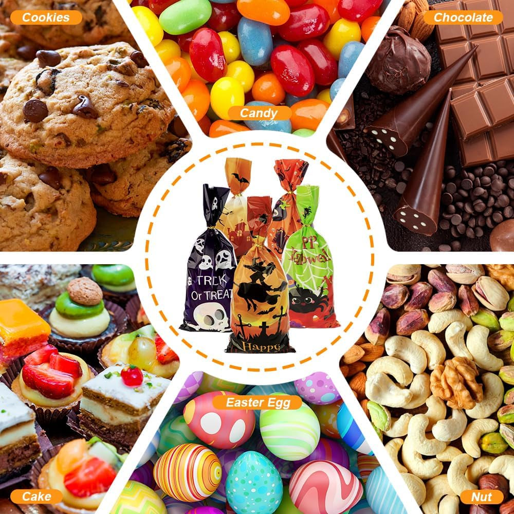 Halloween Treat Bags, Halloween Cellophane Treat Bags, 50 PCS Halloweens Candy Bag, Plastic Cello Cookie Goodies Gift Bag with 50Pcs Ties for Halloweens Trick or Treat Party Favors Supplies, 4 Style