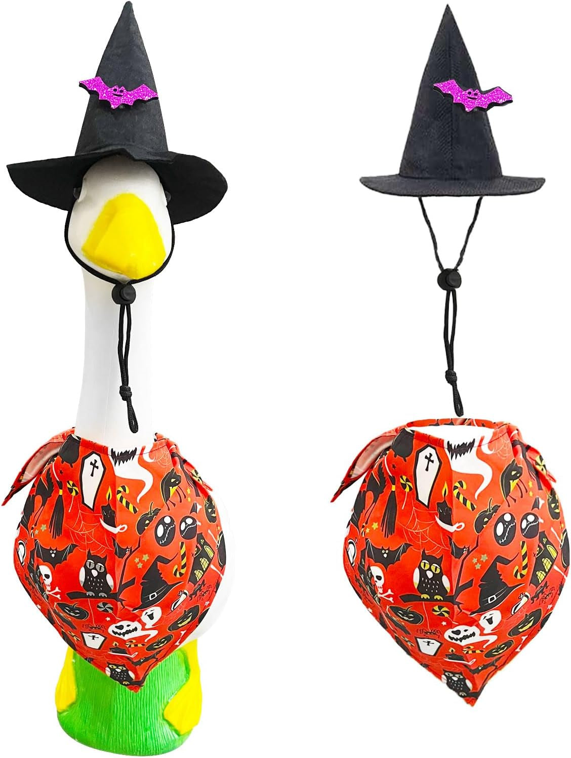 Halloween Porch Goose Outfits for 23"/17" Cement or Plastic Goose Statue,Halloweens Witch Hat and Colorful Scarf，For Halloweens Yard Lawn Outdoor Garden Patio Statue Decoration（Black）