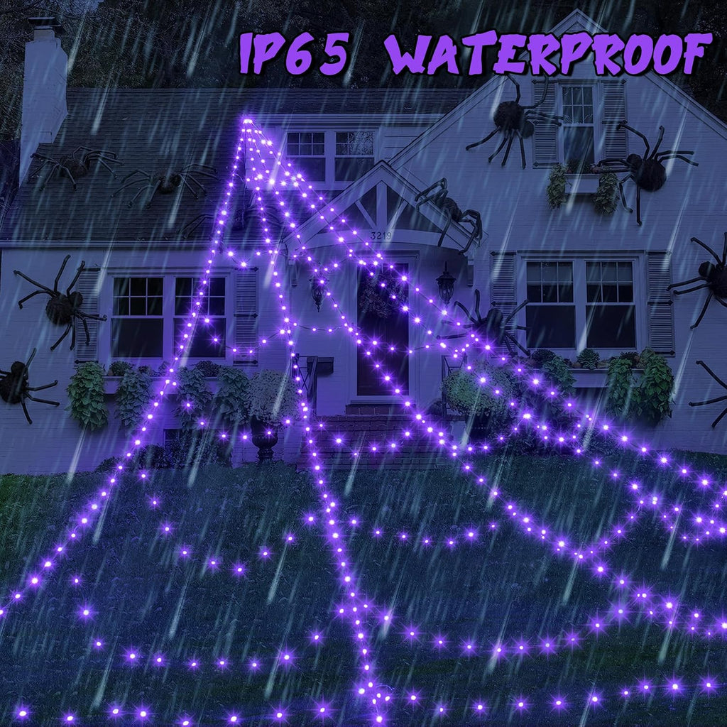 Spider Web Lights for Halloween Decorations Outdoor - 455 Leds, 8 Lighting Modes, 16.4 Ft Light up Giant Spider Web (Purple)