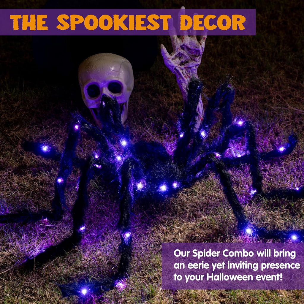 2 Pack 5 Ft Halloween Light up Spiders Outdoor Decorations, Scary Giant Spider with Purple LED, Fake Large Haunted House Props, for Halloween Lawn Porch Yard Garden Tree outside Indoor Decor