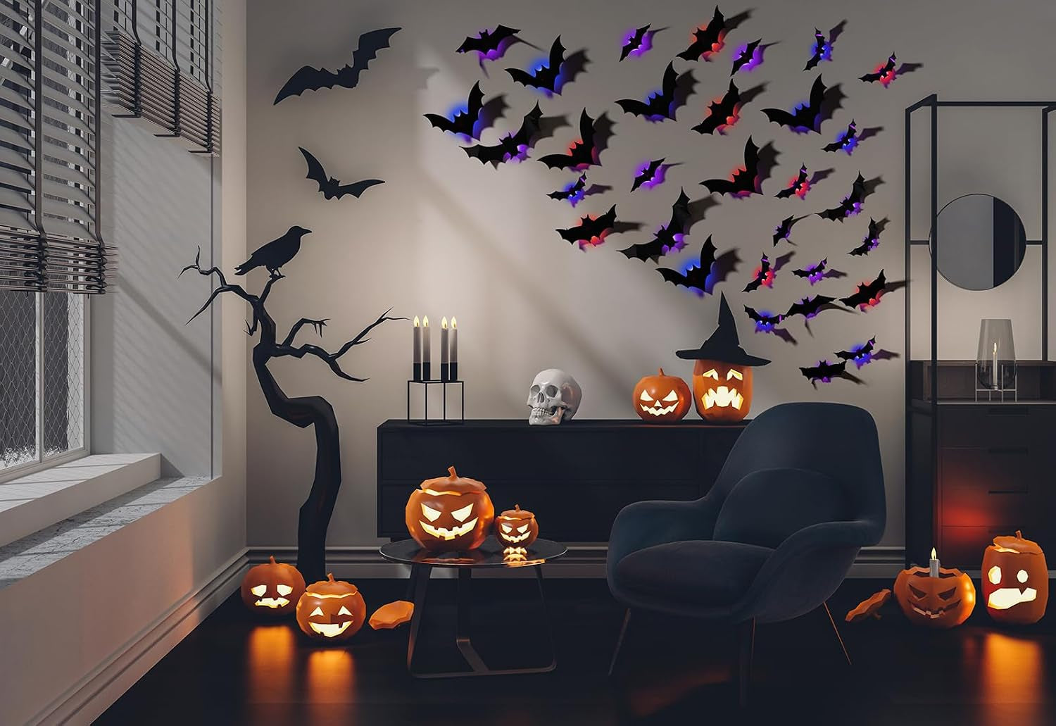 12 Pcs Halloween LED Light up Bats - 3D Halloween Bat Wall Decor Lights 10 Styles Waterproof PVC, for Halloween Party Supplies Outdoor Decor Window Desk Door Decorations, Bue, Red, Purple