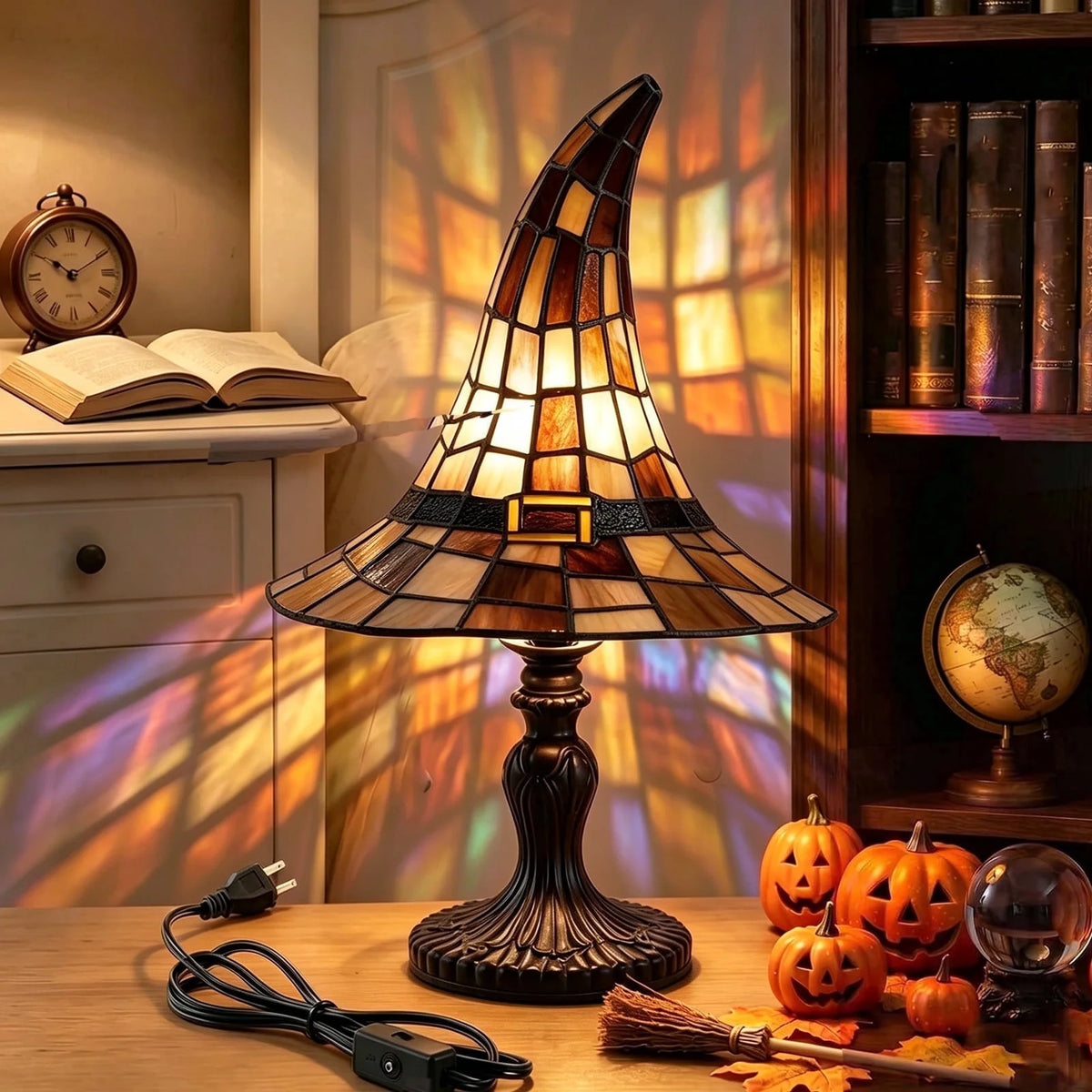 Halloween Witch Hat Table Lamp, Stained Glass Style Jack O Lantern Night Light Ghost Decor Skull Nightlight for Indoor Home Office Table Mantel Shelf Party Supply