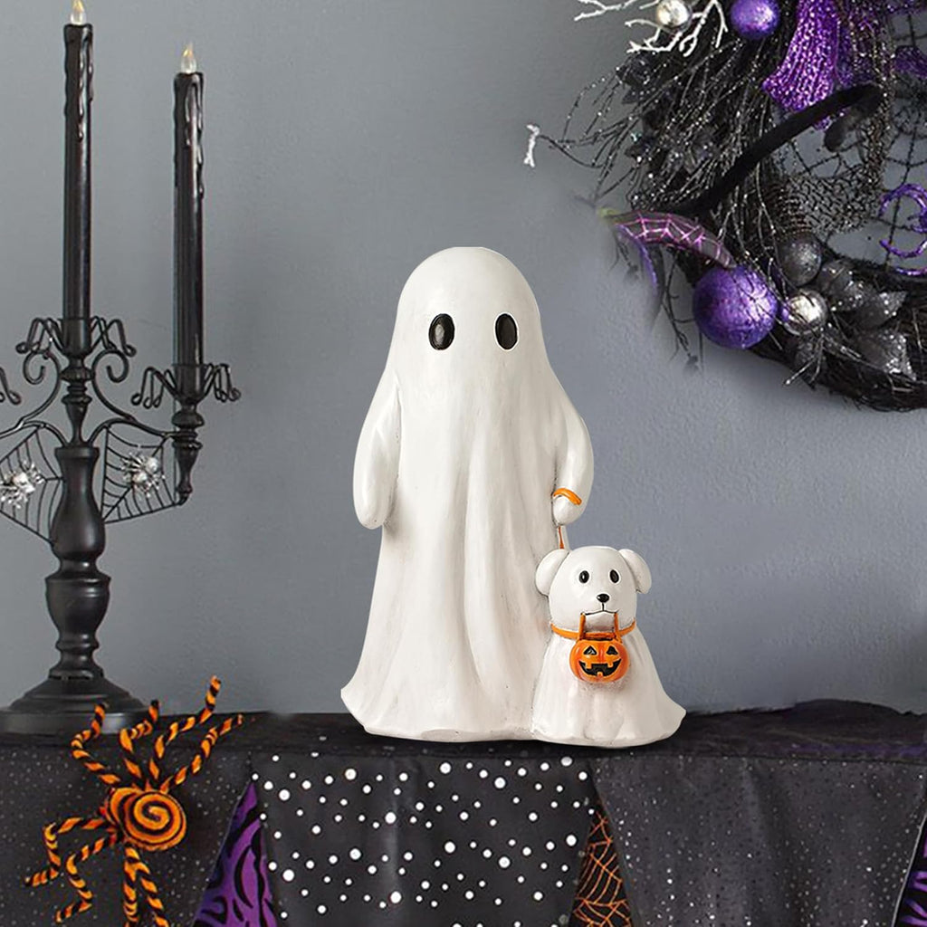 Halloween Ghost Walking Dog Statue, Cute White Ghosts Figurines