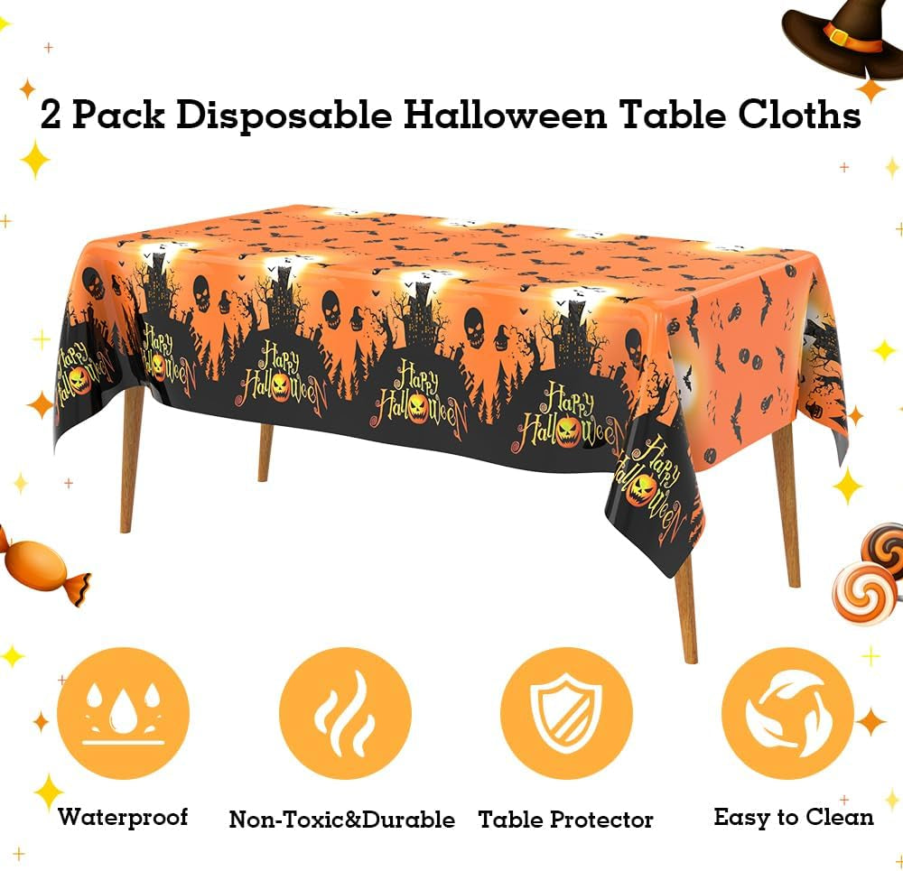 Halloween Tablecloth, Halloween Decorations, 2PCS Disposable Halloweens Plastic Tablecloth Rectangle, 108" X 54" Orange Castle Witches Table Cover Table Decor for Halloweens Party Decorations Supplies