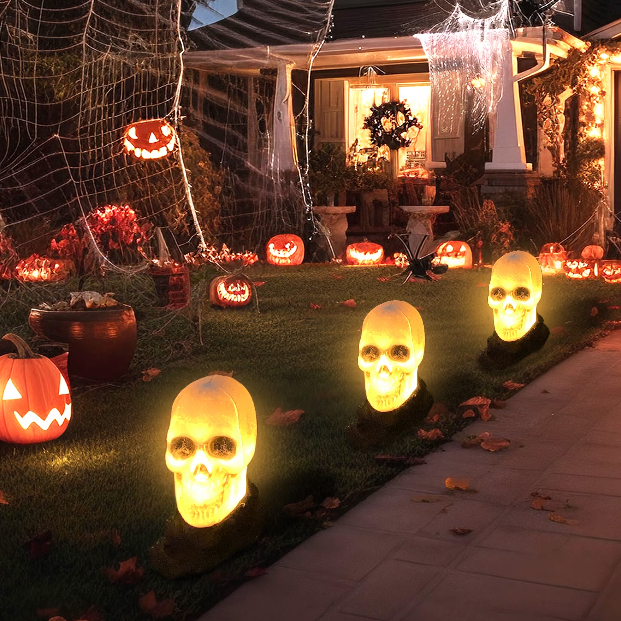 Joyfy 3 Pack Halloween Light up Skeleton Decorations Outdoor,Halloween Graveyard Spooky Skull Stakes Pathway Lights for Halloween Props Yard Decor