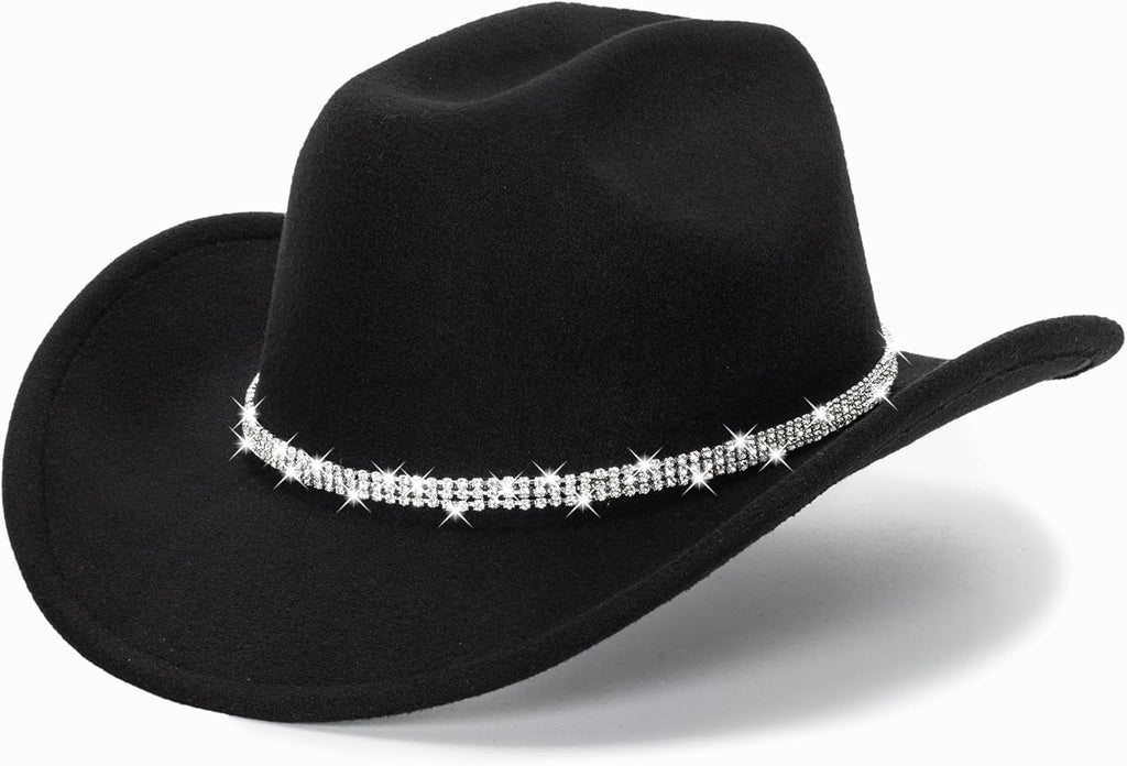 Glitter Silver Black Cowboy Hats Women Western Rhinestone Cowgirl Hat