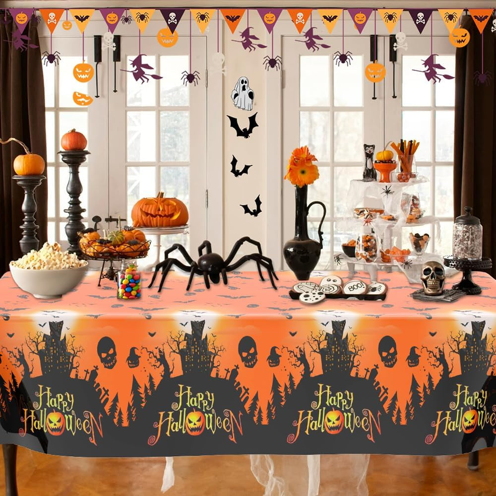 Halloween Tablecloth, Halloween Decorations, 2PCS Disposable Halloweens Plastic Tablecloth Rectangle, 108" X 54" Orange Castle Witches Table Cover Table Decor for Halloweens Party Decorations Supplies