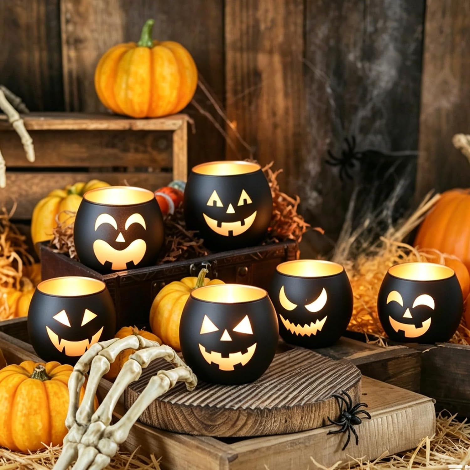 Halloween Table Decor Set of 6, Jack O Lanterns Black Glass Votive Tealight Candle Holders, Halloween Decorations Indoor Party Mantel Coffe Table Centerpiece Decor