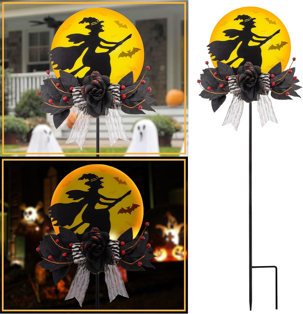 Solar Witch Halloween Stake 35In Iron Black Rose LED Garden Light