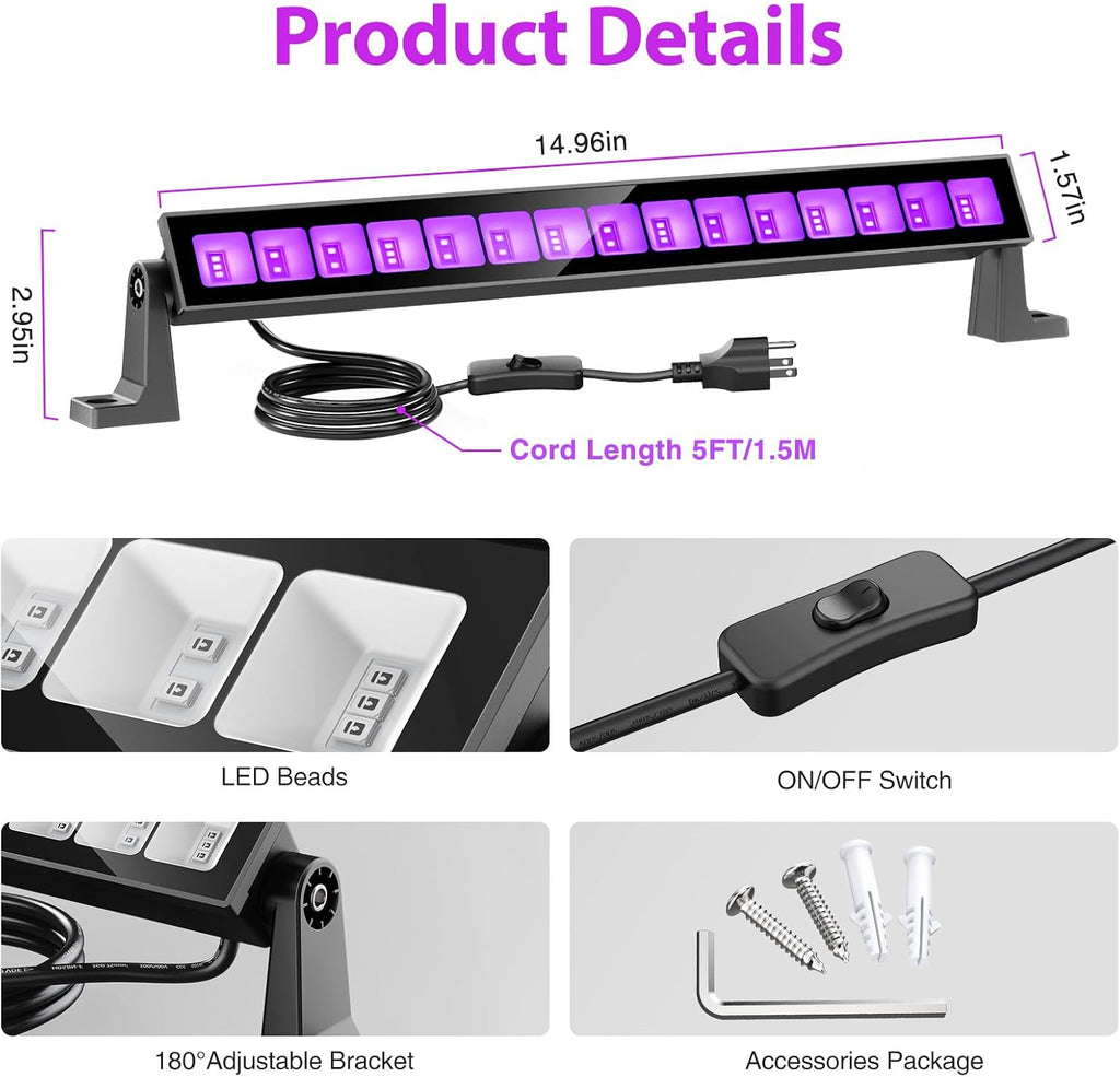45W LED Black Light Bar,Black Lights for Glow Party,Waterproof Blacklight with Plug & Switch, Halloween Light for Glow in the Dark Party Supplies,Bedroom,Body Paint,Stage Lighting,2 Pack