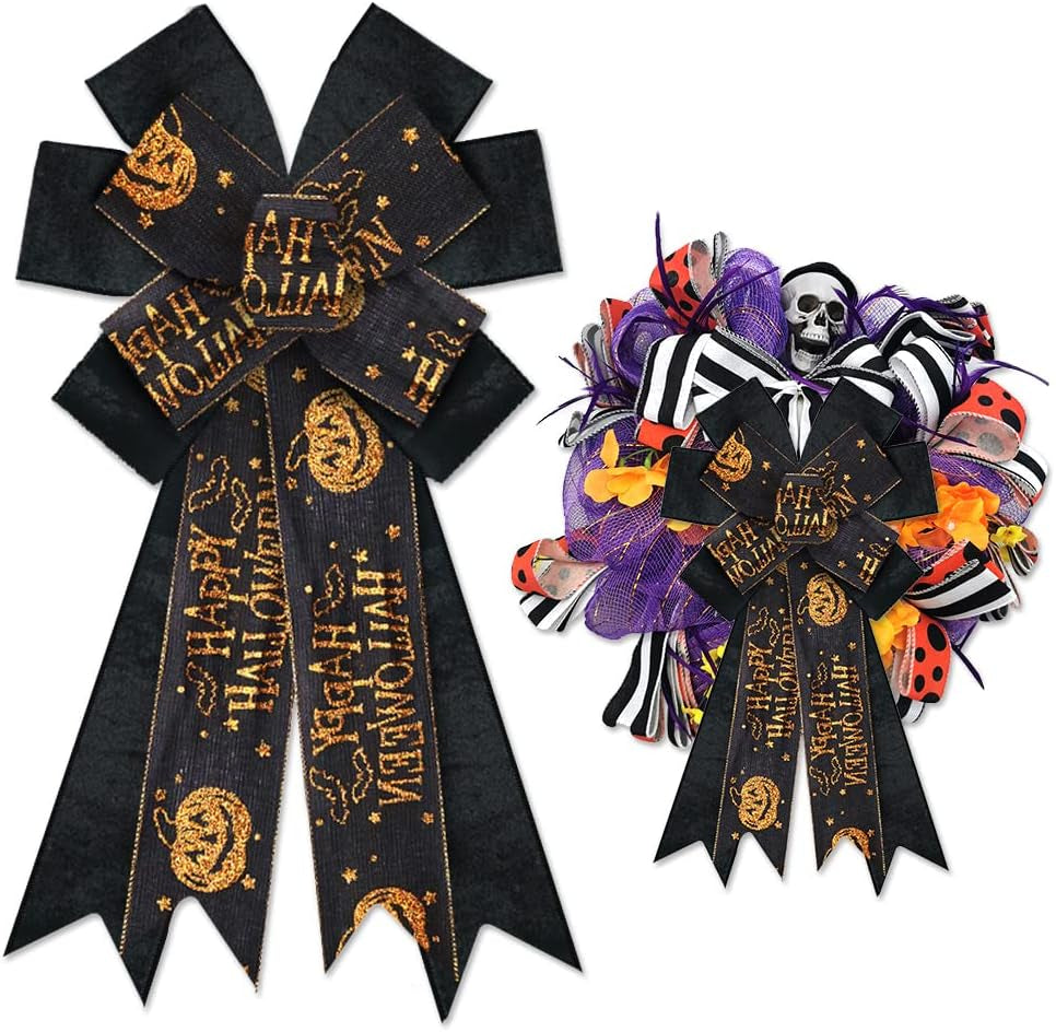 Large Halloween Bows for Wreath, Black Velvet Wreath Bows Halloween Orange Glitter Pimpkin Bat Star Bows for Front Door, Black Burlap Ornament Tree Topper Bows for Halloween Indoor Outdoor Decor