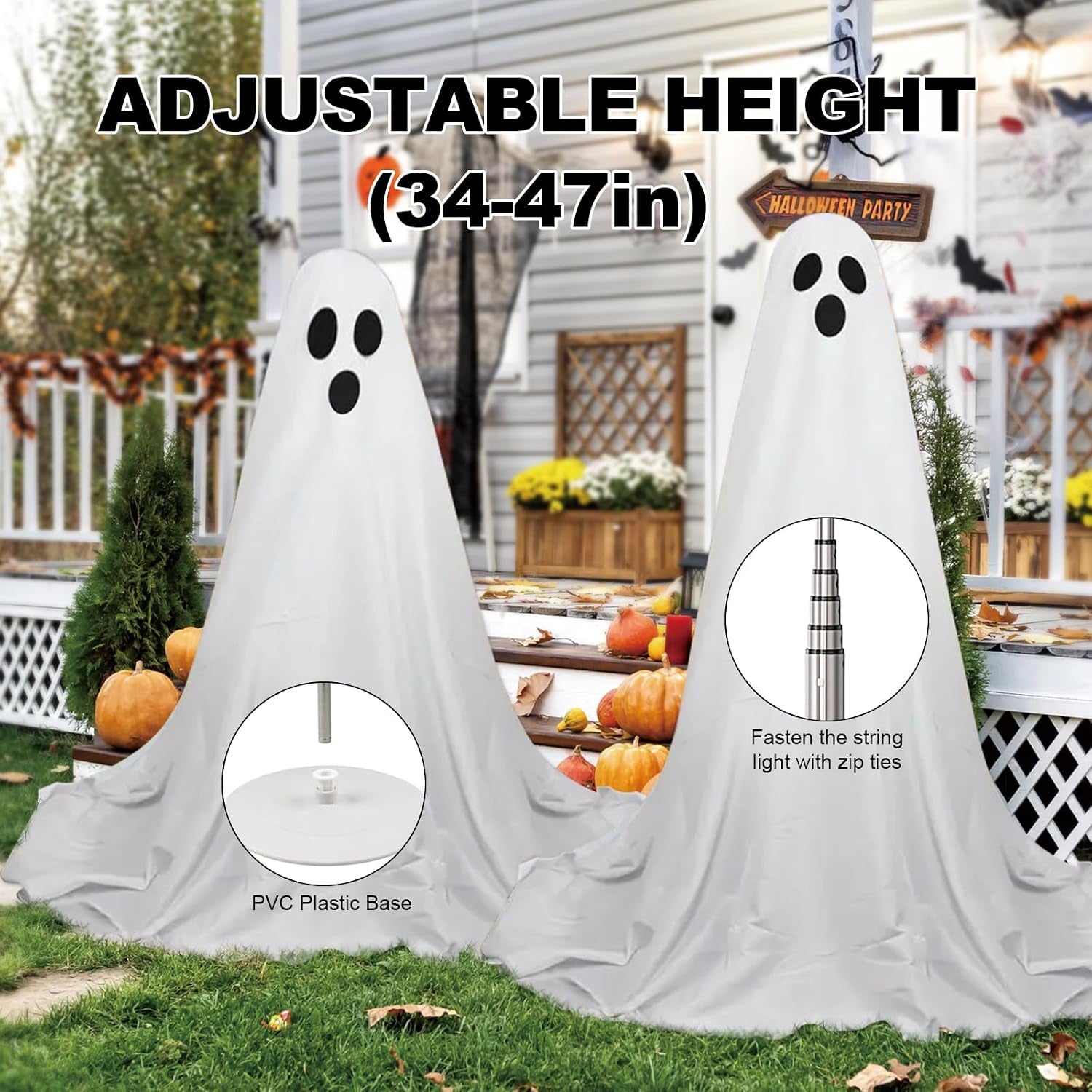2 Packs Halloween Decorations Outdoor,Halloween Light up Spooky Ghost Decor, Ghost Decor with Adjustable Height for Porches Yards Gardens Lawn, Easy to Assemble Ghost Decorations