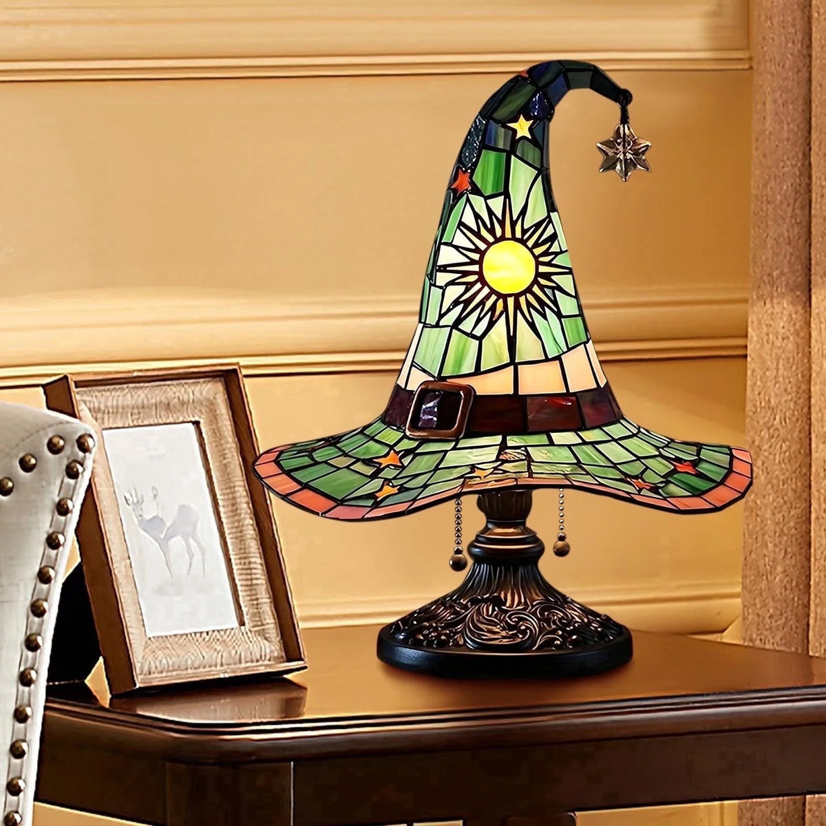 Halloween Witch Hat Table Lamp, Stained Glass Style Jack O Lantern Night Light Ghost Decor Skull Nightlight for Indoor Home Office Table Mantel Shelf Party Supply
