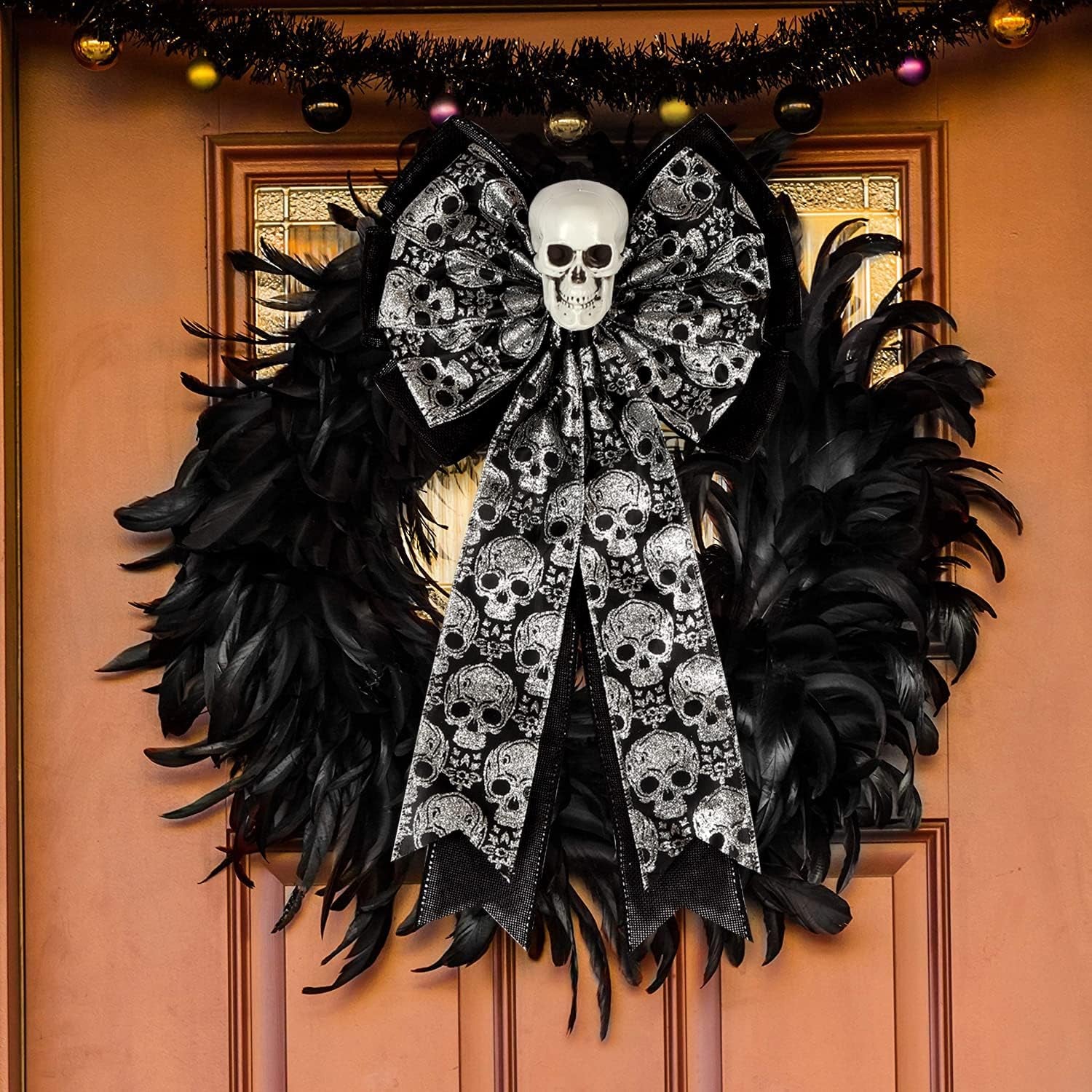 Skull Gothic Decor,Halloween Bows for Wreaths Decorations, Halloween Tree Topper Bow, Decorative Bow with Skull Glitter Silver Black Burlap for Fall Home Front Door Outdoor