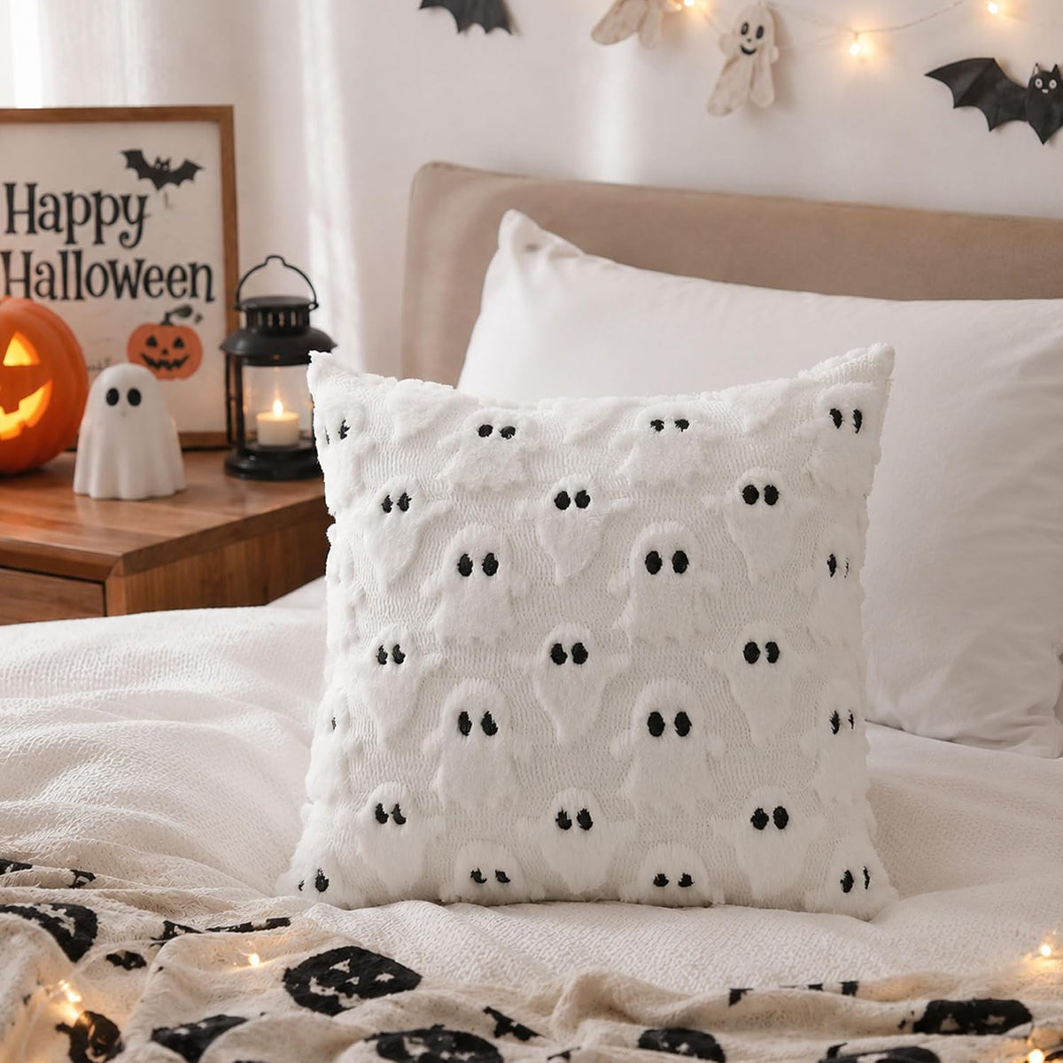 Halloween Pillow Covers 16X16 Inch 2Pcs White Ghost Halloween Decor
