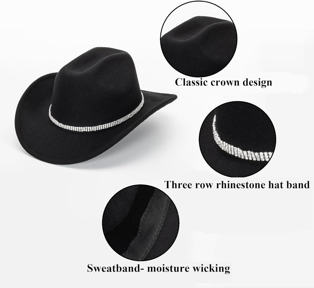 Glitter Silver Black Cowboy Hats Women Western Rhinestone Cowgirl Hat