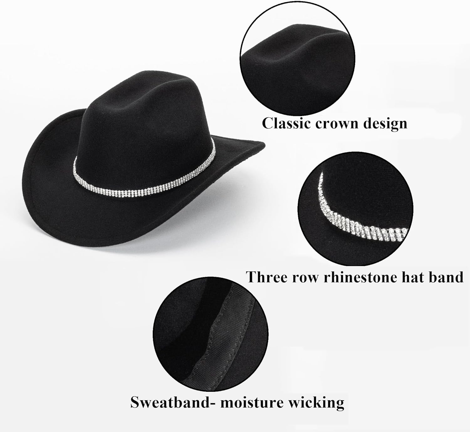 Glitter Silver Black Cowboy Hats Women Western Rhinestone Cowgirl Hat