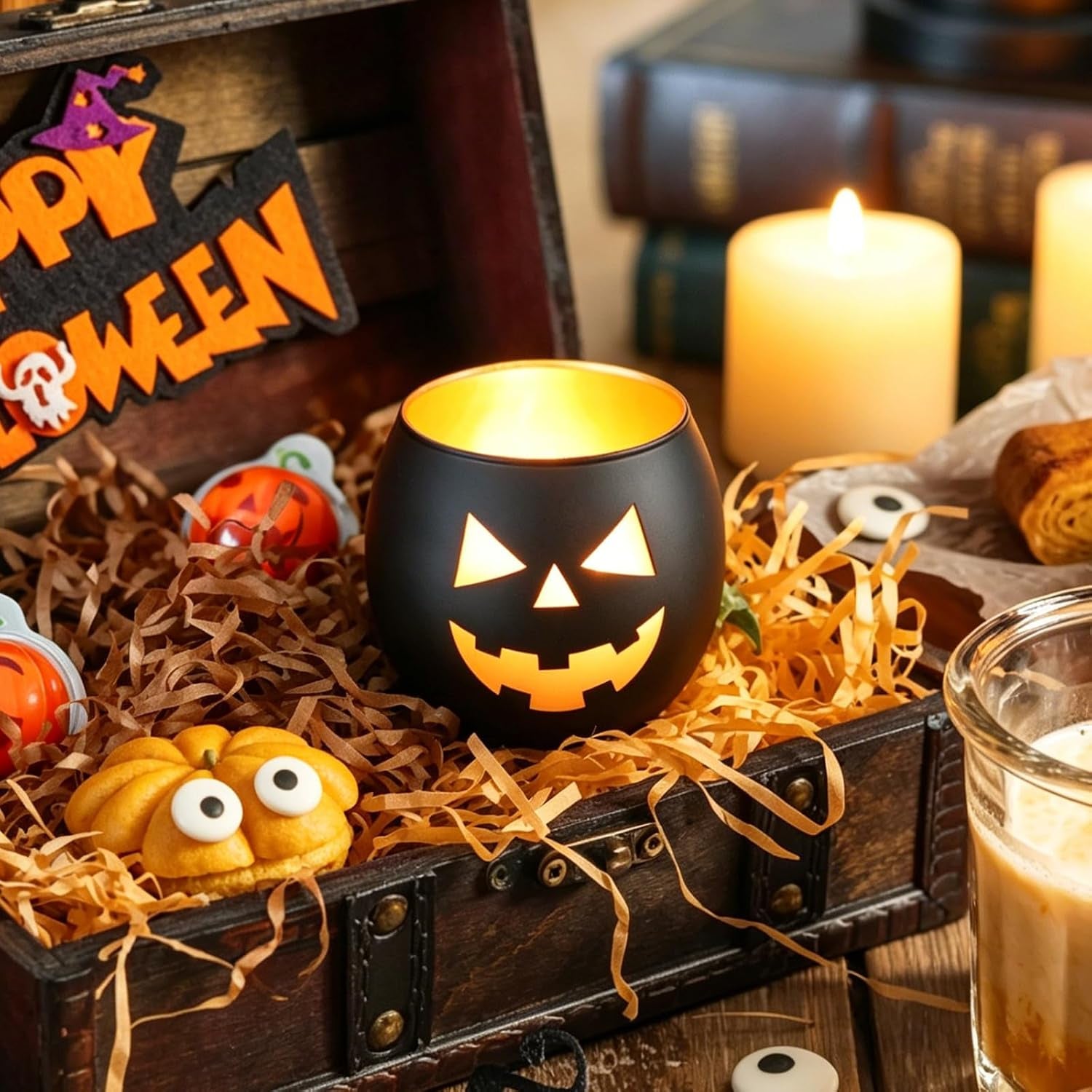 Halloween Table Decor Set of 6, Jack O Lanterns Black Glass Votive Tealight Candle Holders, Halloween Decorations Indoor Party Mantel Coffe Table Centerpiece Decor