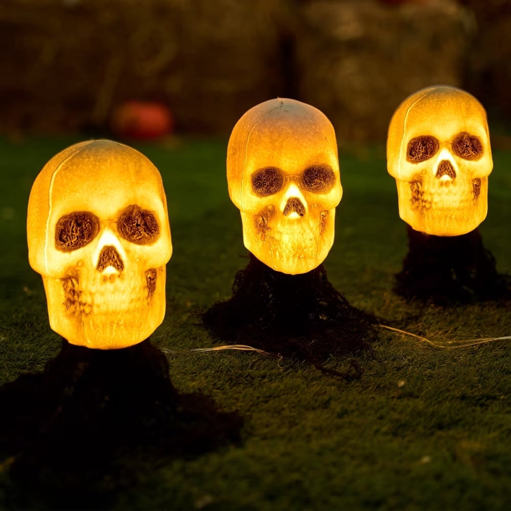 Joyfy 3 Pack Halloween Light up Skeleton Decorations Outdoor,Halloween Graveyard Spooky Skull Stakes Pathway Lights for Halloween Props Yard Decor